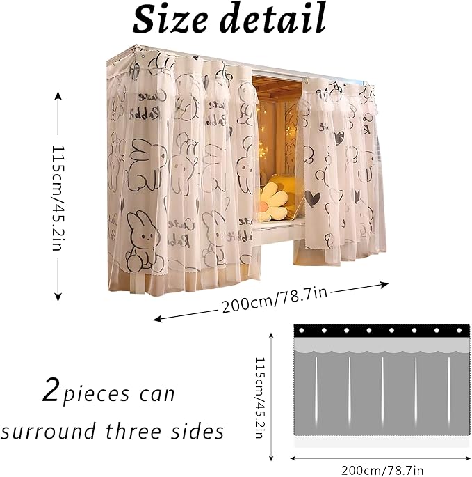 Beautiful Gauze Bunk Bed Curtains Drapes with Lace Privacy Bed Canopy for Bottom, 2 Panels, Rabbit