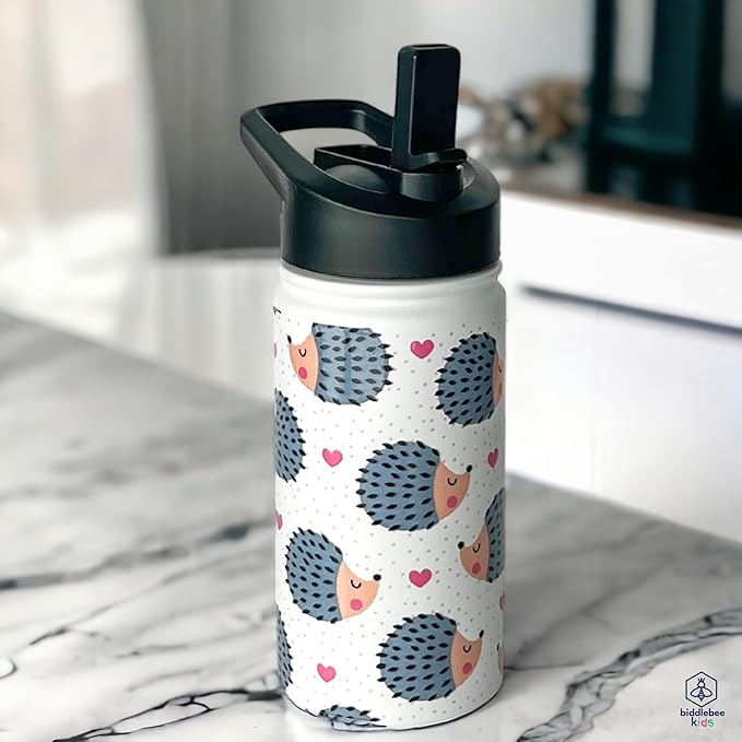 Biddlebee Kids Water Bottle with Straw Lid | 14oz Insulated Stainless Steel Reusable Bottles for School | Leak Proof Cap with Handle & Touch Free Spout | Great for Boys & Girls