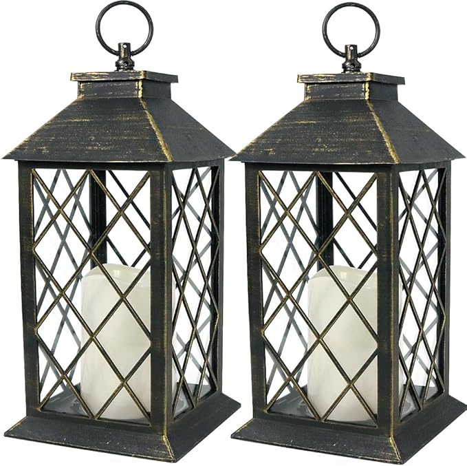 Bright Zeal 2-Pack 13.5" Vintage Candle Lantern with LED Candle (Distressed Gold, 6hr Timer) - IP44 Waterproof Outdoor Hanging Lanterns Battery Powered - Tabletop Lantern Decorative Home Lanterns