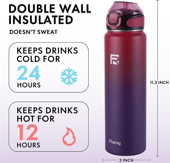 32 oz Insulated Water Bottle with Straw, Stainless Steel Metal Thermos Bottles, Durable Non-Slip Gradient Bottle with Strap for Sports and Travel, Leak Proof (Red Blue)