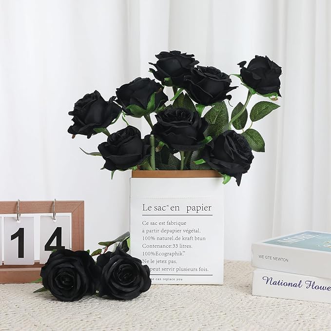 Black Fake Roses Artificial Flowers - 16 Pcs Fake Artificial Roses Silk Flowers with Stems for Home Wedding Hotel Office Centerpiece Decor