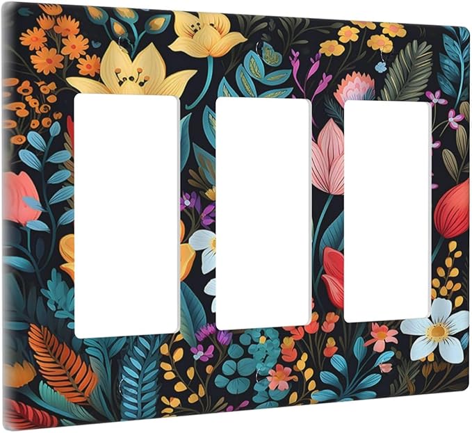 Boho Floral Vintage Flower Leaves Rustic Wildflower Plants 3 Gang Rocker Light Switch Covers Triple Outlet Wall Plate Decorative Switchplate Cover Faceplate GFCI for Country Bathroom Bedroom Kitchen