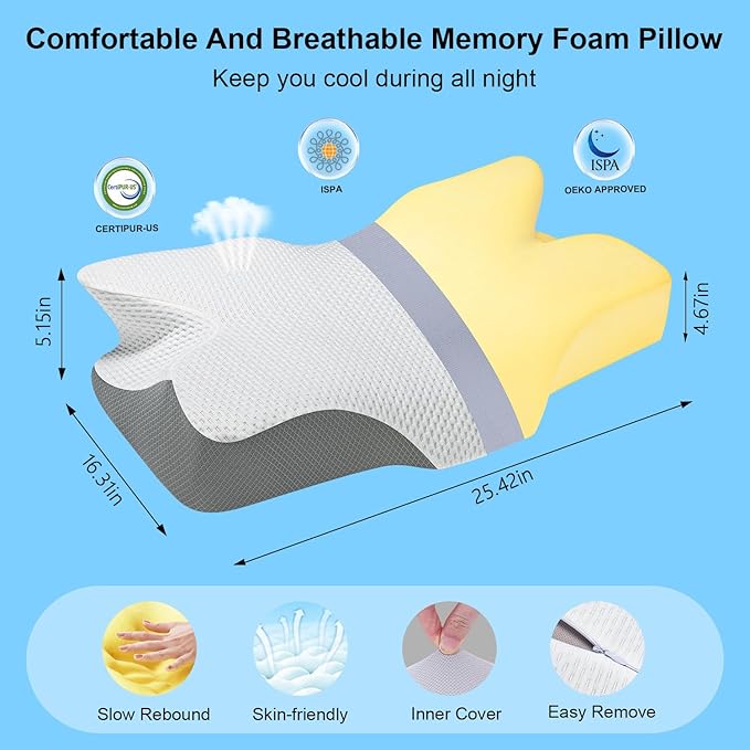 Anvo Ergonomic Pillows for Pain Relief Sleeping - Cervical Pillow for Neck Pain Relief - Memory Foam Pillows for Neck and Shoulder Pain - Neck Pillow for Side Back & Stomach Sleeperr - Silver Firm