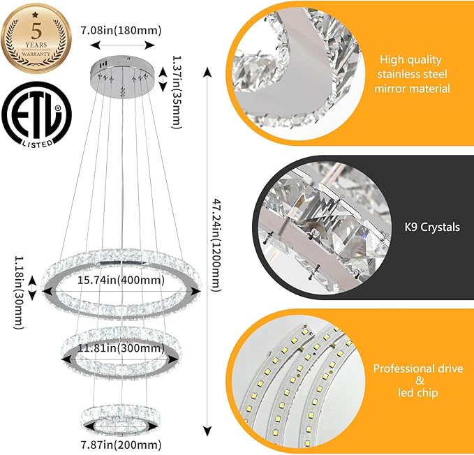 Buccleuch LED Crystal Chandeliers, Dimmable LED Pendant Light Fixture 3-Ring Adjustable Stainless Steel Ceiling Light, Silver Crystal Chandeliers for Dining Room, Bedroom, Living Room - ETL Listed