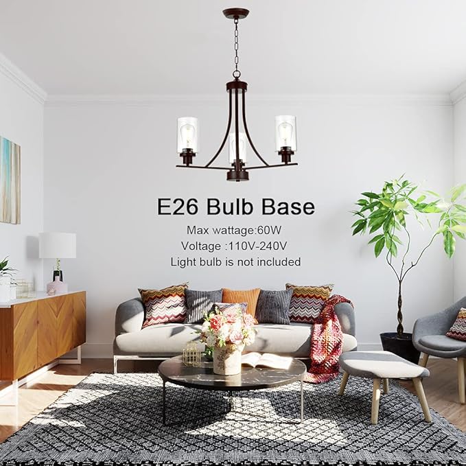 BONLICHT 3 Lights Oil-Rubbed Bronze Traditional Chandelier Rustic Kitchen Island Lighting Fixtures Hanging Clear Glass Cylinder Pendant Lights Classic Ceiling Light for Dining Room Bedroom Foyer