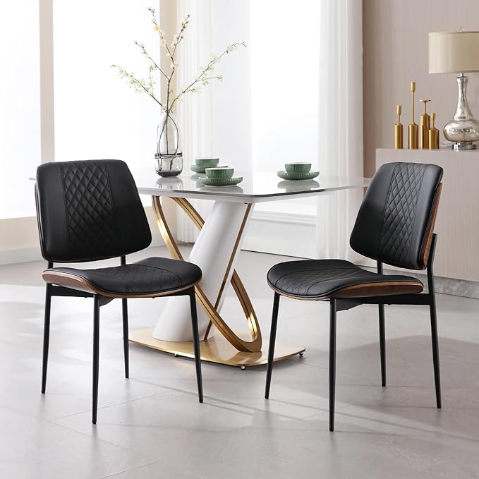 BV Dining Chairs Set of 2, PU Leather Armless Kitchen Chair in Modern Walnut Style, Mid Century Bentwood Side Chair with Metal Legs, Retro Accent Guest Chair for Kitchen Dining Room(Black)