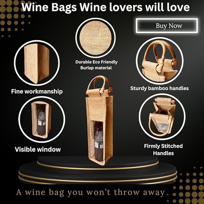 Bulap Wine Gift Bags with Window - 2 Pcs Natural Jute Wine bottle Carrier Bags for Birthday, Wedding, Anniversary, Party, Festival, Christmas Gift (2x Bags for 1-Bottle)