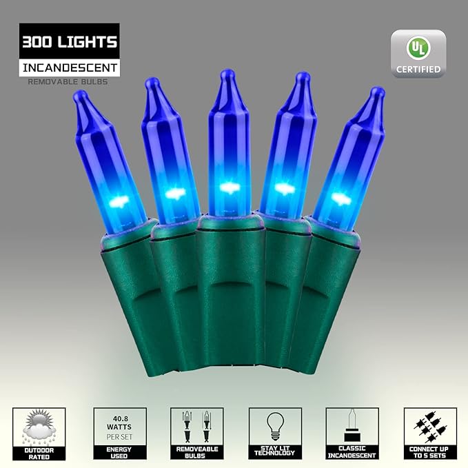 300LIGHTS(2*150L) Blue Extra-Bright with End Connectors Christmas Decorative Lights 19.44m UL Certified Mini String Light Set Waterproof for Home Garden Holiday Tree Party Patio Decor Wedding