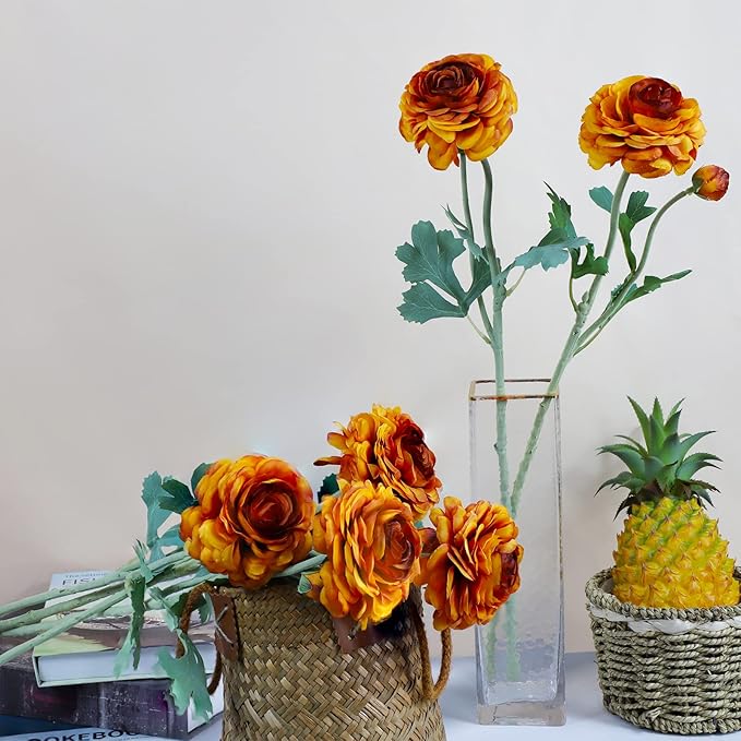 Artificial Flowers Ranunculus Long Stem Buttercup Silk Flowers 6 pcs for Home Decor and Wedding Decorations(Burnt Orange)