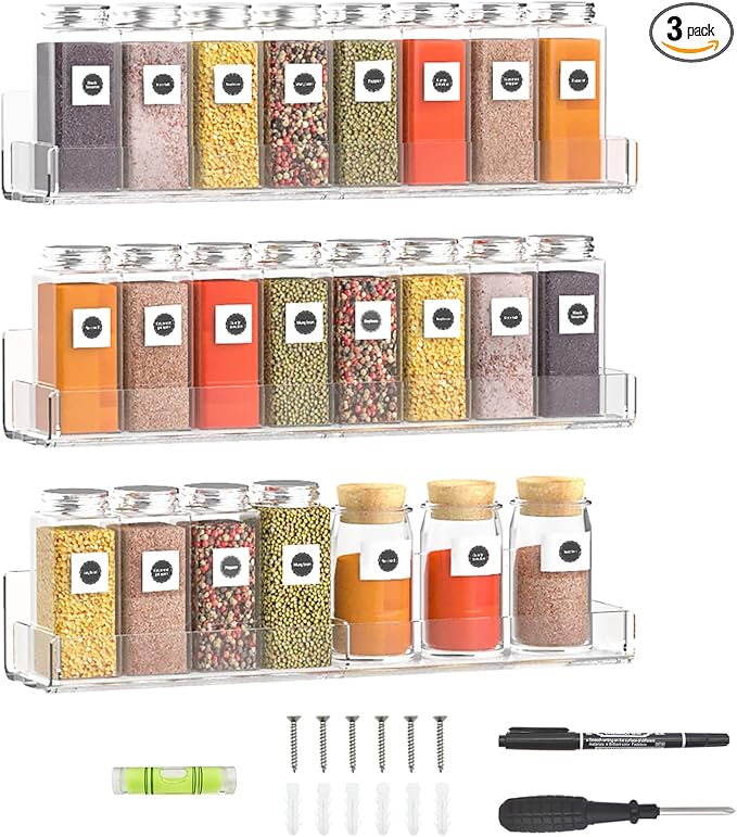 15 Inch Acrylic Spice Rack Wall Organizer Set of 3, Clear Acrylic Wall Shelf for Home Organizer, Floating Shelf for Bottle Display, Jars, Spice, Wine, Books, Toiletries