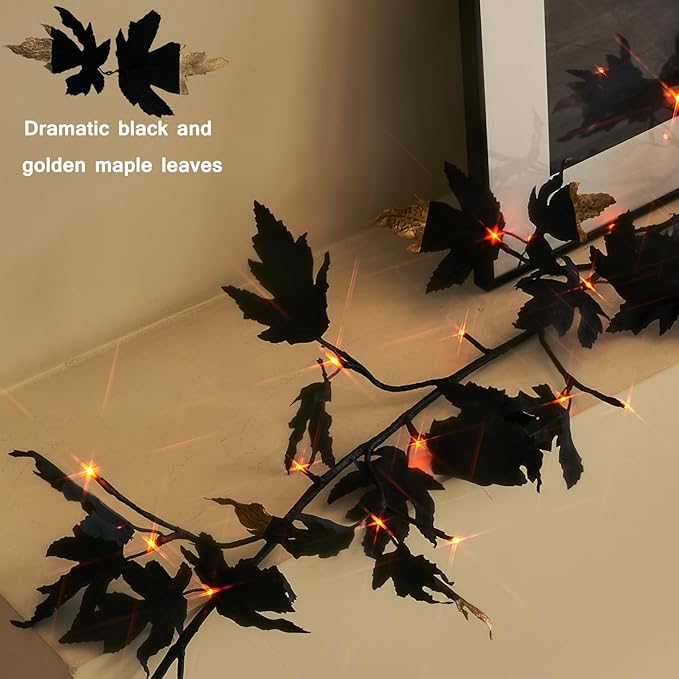 Birchlitland Halloween Black Maple Garland with Lights Timer 48 LED Orange and Warm White Fairy Lights, Battery Operated for Indoor and Outdoor Halloween Party Decoration