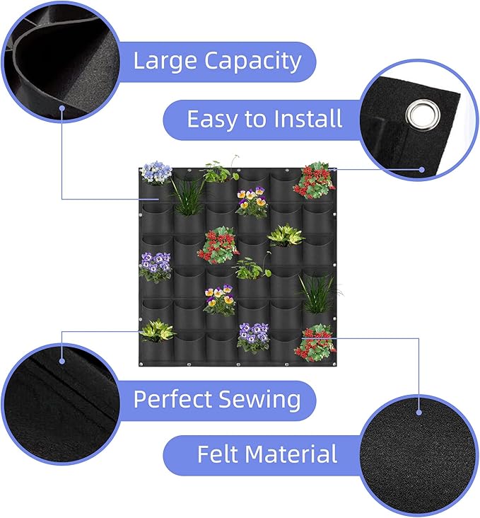 36 Pockets Hanging Planter Bags, Hanging Vertical Wall Mounted Plant Planting Grow Bags, Herb Garden Planter Outdoor Indoor Growing Bag, Gardening Vertical Greening Flower Container(1m×1m, Black)