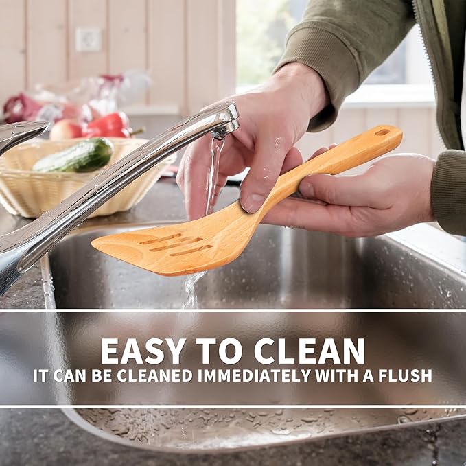 11 PCS WOSPONFAN Kitchen Utensils Set - Wooden Spoons for Cooking, Natural Beech Wood Wooden Utensils - Includes Wooden Spoons, Spatula Set, Slotted Spoon - Handmade Wooden Spoon Set