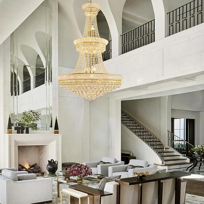 19-Lights High Ceiling Chandelier Modern Gold Crystal Chandeliers Large Foyer Chandelier Fixtures for Staircase Living Room Hallway Entryway (H47 x W31.5)