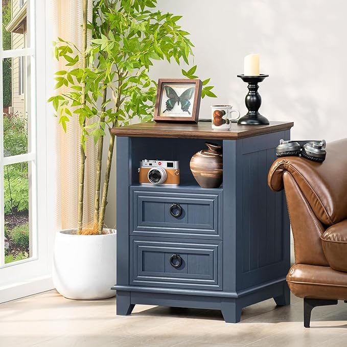 18" Farmhouse Night Stands Set of 2 with Charging Station, 2 & 3 Drawers End Table Dresser for Bedroom, Blue Wooden Nightstand, Bed Side Table with Open Shelf, Bedside Cabinet for Living Room