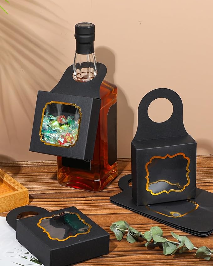 30 Pieces Wine Bottle Box with Window, Hanging Foldable Boxes for Wine, Champagne Bottle Hanger for Gifts, Empty Wine Bottles Favor for Candy Truffles Chocolate Cookies