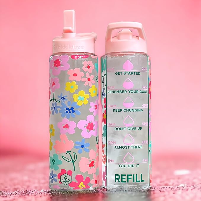 Biddlebee 32oz. Hydration Tracker Water Bottles with Times To Drink | Big Motivational Water Bottle with Time Marker, Straw Lid, & Measurements | BPA-Free