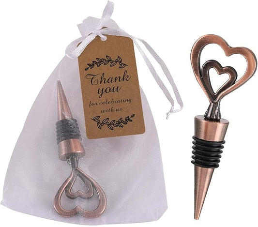24PCS Double Heart Shape and Beverage Wine Bottle Stoppers Love Design Wine Caps Reusable Plug Keep Wine Fresh for Wedding Birthday Baby Shower Gifts for Guests (24,Bronze Heart)