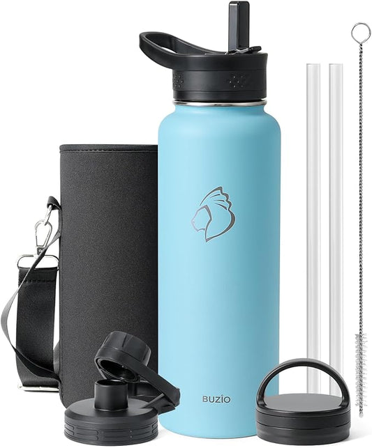 BUZIO Water Bottle with Straw lid, Spout Lid, Hand Lid and Carrying Pouch, 32oz 40oz 64oz Stainless Steel Water Flask Jug, Cold for 48 Hrs Hot for 24 Hrs Double Vacuum Thermo Canteen Mug, BPA-Free