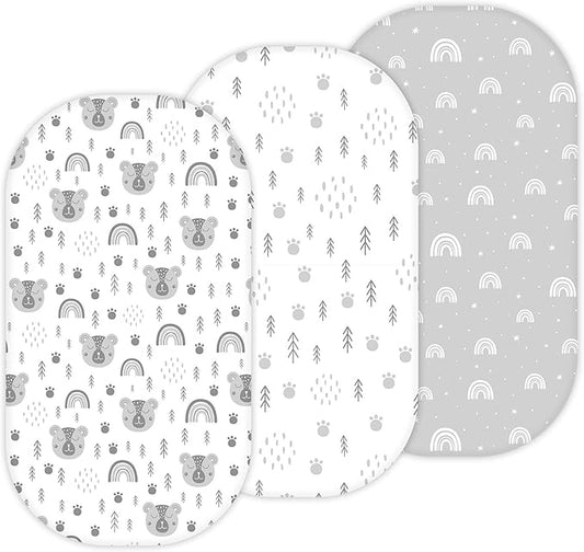 Bassinet Sheets for Dream On Me Karley, Plus, Lacy, Small Regalo Basics, Baby Delight Slumber, Snuggle Nest, Graco Carry Cot, 3 Pack, 16 x 32, Ultra Soft, Unisex Boys Girls, Gray (Woodland Rainbow)