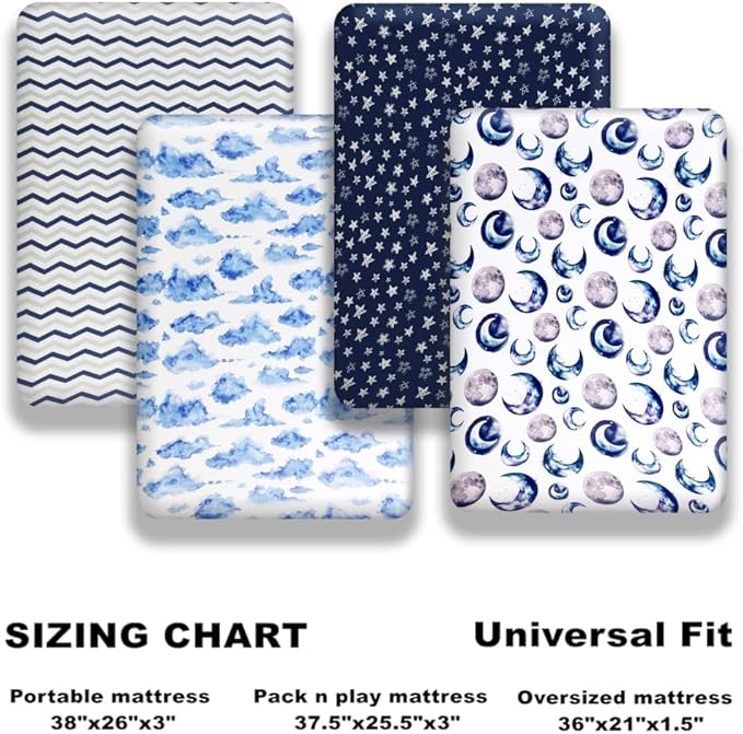 4 Pack Fitted Pack N Play Sheets for Baby Boys Neutral Unisex Breathable Soft Toddler Mini Crib Sheets for Pack and Play Mattress (Sky)