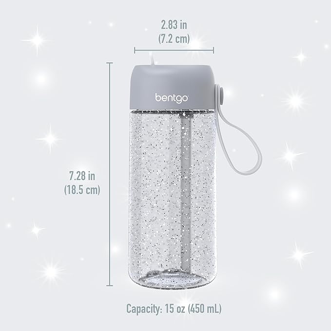 Bentgo Kids Water Bottle - Glitter Design, Leak-Proof, Durable Tritan™ 15 oz Cup for Kids/Toddlers 3+; Flip-Up Straw/Dishwasher Safe for School, Sports, Daycare, Camp (Glitter Edition - Silver)
