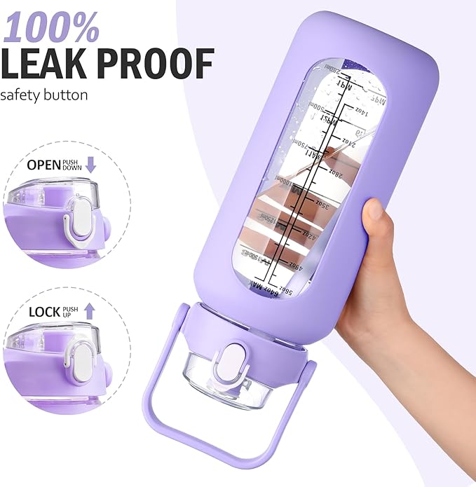 64 oz Glass Water Bottle with Straw and 2 Lids, Half Gallon Water Bottle with Sleeve, Large Insulated 2 Liter Glass Water Jug Time Marker with Handle - Purple