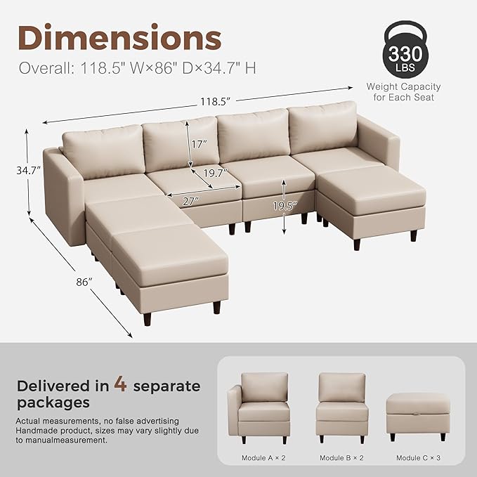 118.5" Faux Leather Modular Sectional Sofa, 7 Seater U Shaped Couch with Storage Seat with Reversible Chaise Deep Seat for Living Room Whitesand