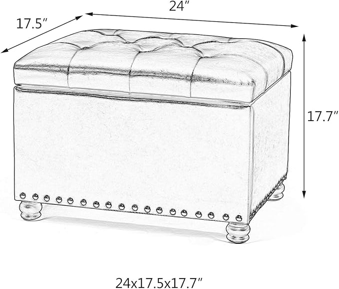 24'' Leather Storage Ottoman Rectangular Foot Rest Stool with Nailhead Trim for Bedroom Living Room(Red)