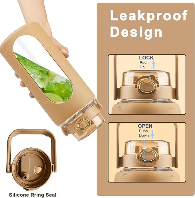 64 Oz Glass Water Bottle with Straw and Lid, Sports Motivational Water Bottle, Leakproof Water Jug Fitness with Silicone Sleeve for Gym, Brown