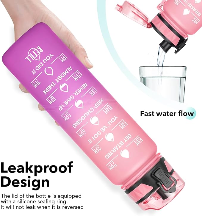 32oz/26oz Motivational Water Bottle with Time Marker & Fruit Strainer, Leak-proof BPA Free Non-Toxic 1l Bottle with Carrying Strap, Perfect for Fitness, Gym and Outdoor Sports, Plastic