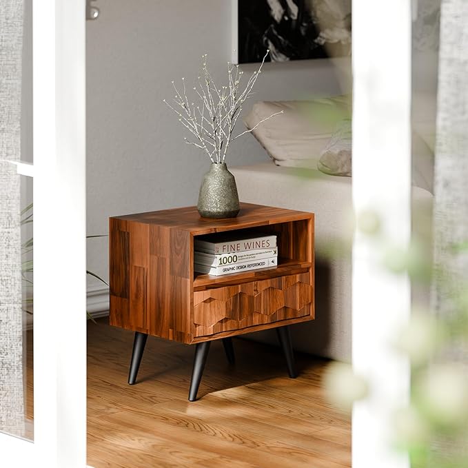 Bme Georgina Solid Wood Nightstand with 1 Drawer & Open Shelf- Fully Assembled Mid Century Modern Side Table - Geometric Pattern Bedside Dresser for Bedroom and Living Room, Dark Chocolate