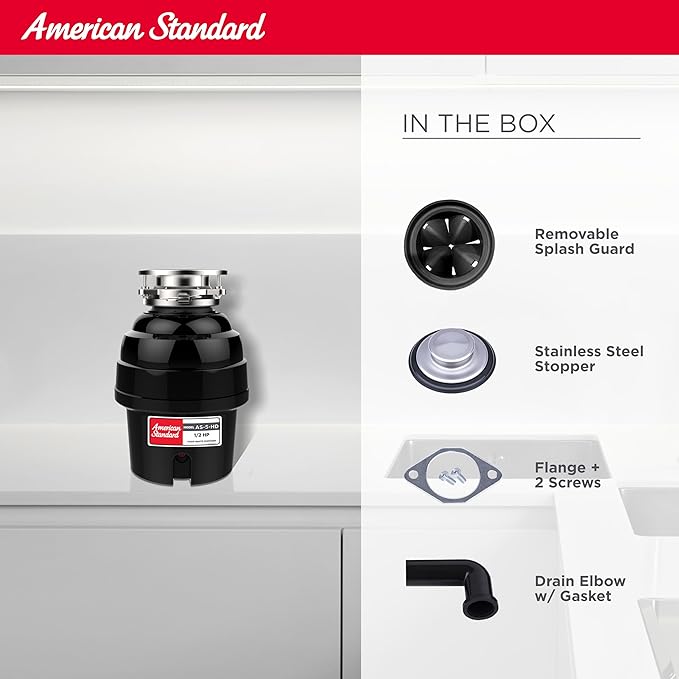 American Standard 10-US-AS-5-HD Garbage Disposal Anti-Jam Stainless Steel Food Waste Grinding System, Heavy Duty, 1/2 HP, Black