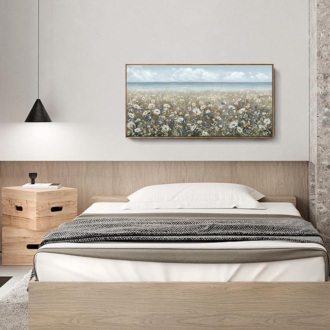 amatop Large Wall Art for Living Room Framed Boho Beach Coastal Floral Ocean Wall Picture Farmhouse Daisy Flower Sea Canvas Print Nautical Neutral Vintage Warm Artwork Home Bedroom Office Decor 48x24