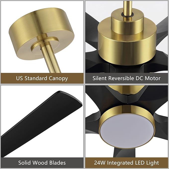 60" Modern Ceiling Fan with Light and Remote Control, 5 Solid Wood Blades 6-Speed Noiseless Reversible DC Motor, Ceiling Fan for Bedroom Dinning Living Room, Gold Finish with Black Blades