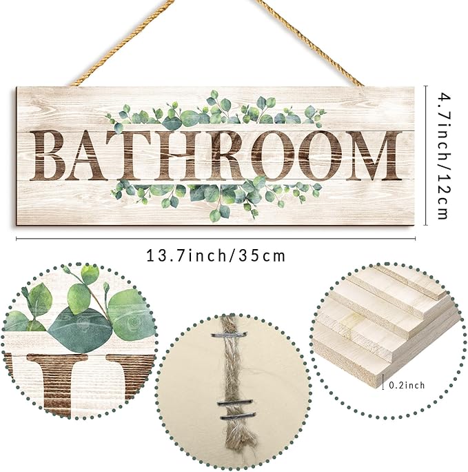 Bathroom Sign Wall Decor, Bathroom Wall Art with Plant Print, Rustic Farmhouse Wall Hanging Plaque Home Kitchen Decorative Bathroom, 4.7 x 13.7 inches