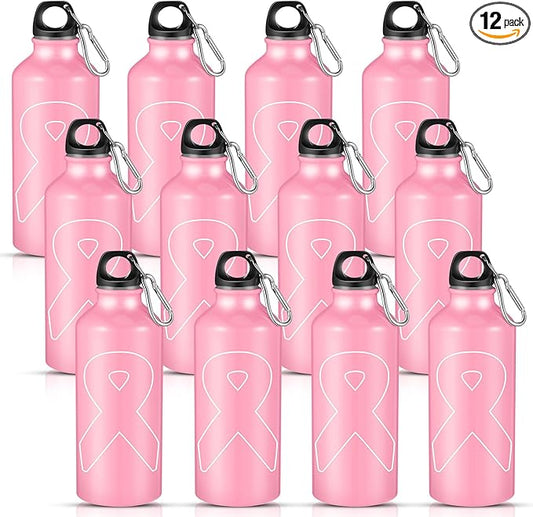 12 Pieces Breast Cancer Awareness Gifts Aluminum Water Bottles Pink Ribbon Breast Cancer Gift for Women Leak Proof Lightweight Portable Bottles for Marathon Running(17 oz, Classic Style)