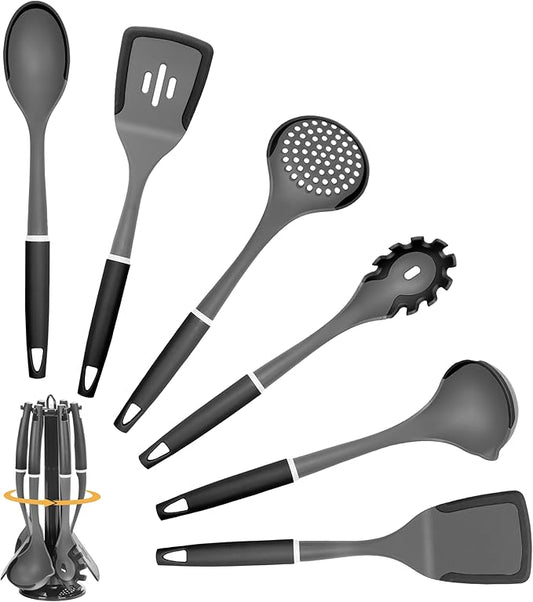 6-Piece Silicone Kitchen Utensil Set with Rotating Stand, Non-Stick, Heat-Resistant (400°F), Nylon Handle, Cooking Spatula Set for Baking & Cooking, Light Gray