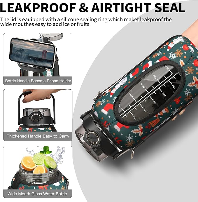 64oz Glass Water Bottle with Straw and Sleeve Half Gallon Motivational Water Bottle with Time Marke and Strap 2L Leakproof Borosilicate Water Jug for Gym Outdoors Christmas Gifts for Women