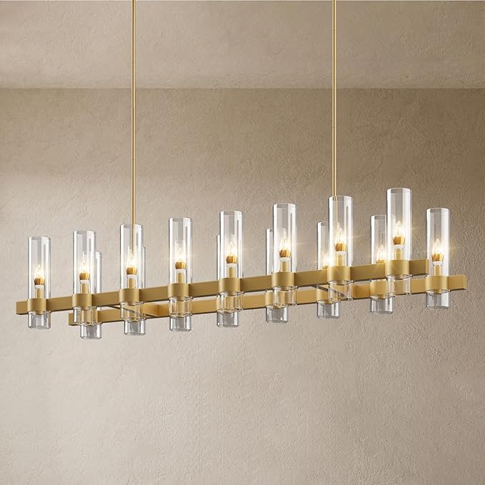 Brass Kitchen Island Lighting- 16-Light Linear Chandelier, Adjustable 54'' Modern Farmhouse Rectangle Pendant Light Fixtures, Dining Room, Bedroom