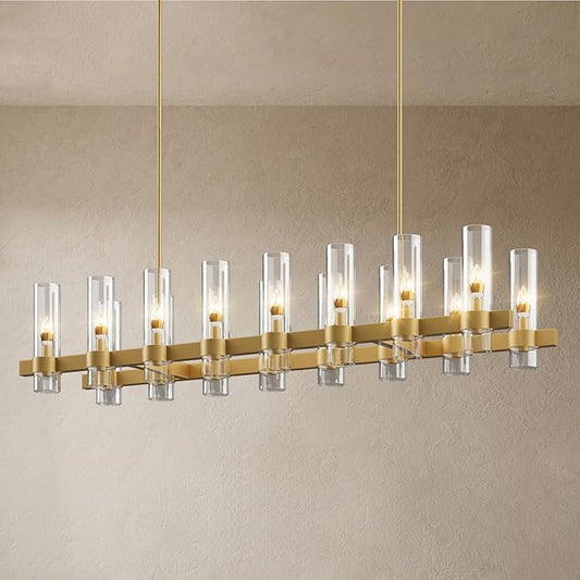 Brass Kitchen Island Lighting- 16-Light Linear Chandelier, Adjustable 54'' Modern Farmhouse Rectangle Pendant Light Fixtures, Dining Room, Bedroom