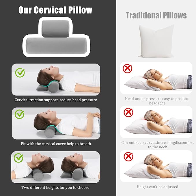 BALAPET Cervical Neck Pillow Adjustable Neck Roll Pillow for Comfortable Sleeping,Neck Support Pillow with Detachable Pad for Body Lumbar Knee Leg Relieve Muscle Tension Spine Alignment(gray)