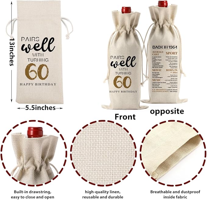 60th Birthday Gifts for Women Men, Cool Gifts for 60 Year Old Woman Grandparents Wine Gift Bag, Wine Accessories Gifts Anniversary 60th Birthday Decorations Wine Bag Wine Bags for Wine Bottles Gifts