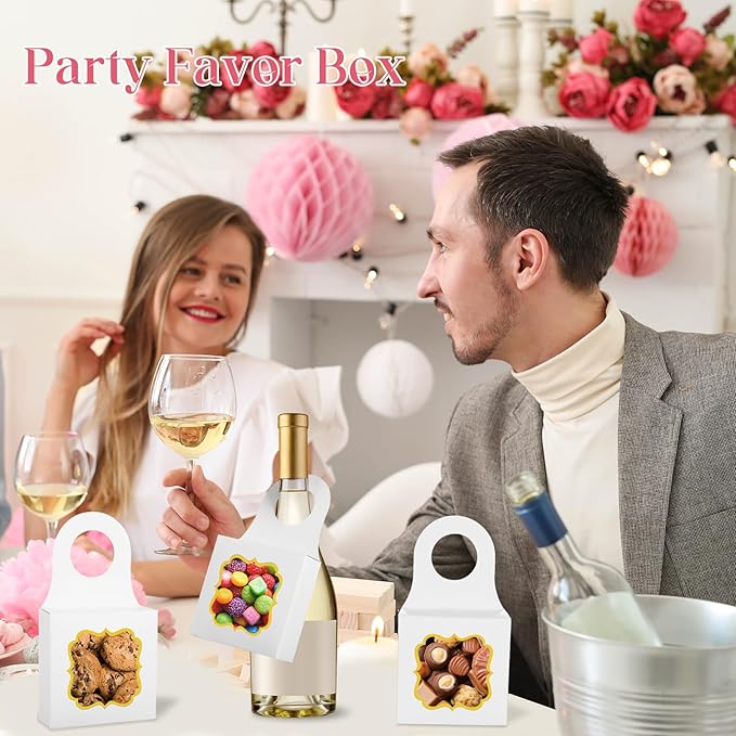 40PCS Wine Bottle Box with Window, Megitzuu Kraft Paper Wine Boxes for Gifts Hanging Wine Treat Box Mini Charcuterie Boxes Empty Champagne Bottles Gold Foil Gift Box Hanger Candy Box for Party (White)