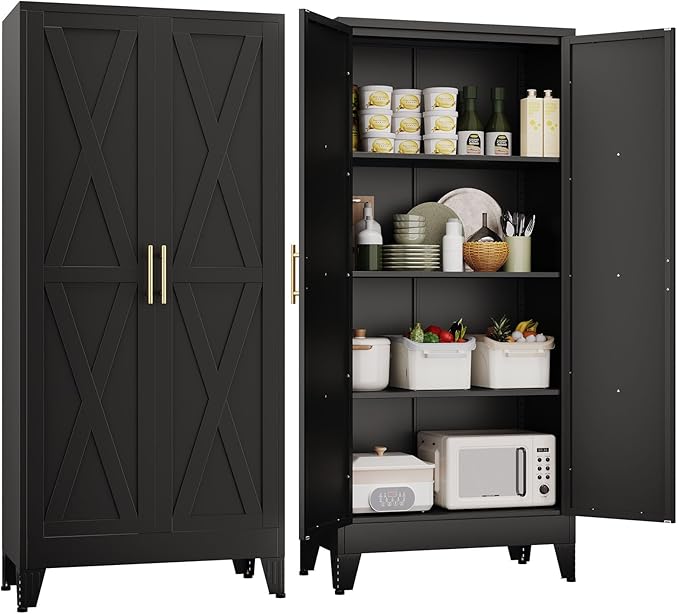 61" H Metal Kitchen Pantry Storage Cabinet, Freestanding Cupboard with 2 Doors and 3 Adjustable Shelves, Standing Storage for Kitchen, Bathroom, Garage, Dinning Room or Utility Room（Black）