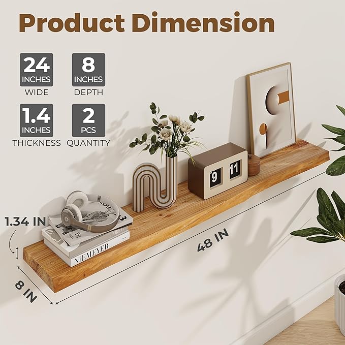 Axeman 48 inch Floating Shelves for Wall - 8'' D Live Edge Rustic Solid Elm Wood Floating Shelves Wall Mounted, Hanging Shelves with Invisible Bracket for Living Room Bedroom Kitchen, Natural