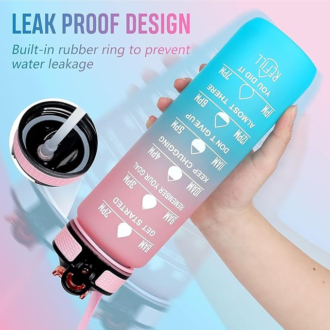 Boston Terrier 32 oz Water Bottle with Times Marker to Drink and Straw, Carrying Strap, Leakproof Tritan BPA-Free, Ensure You Drink Enough Water for Fitness Gym Camping Outdoor Sports