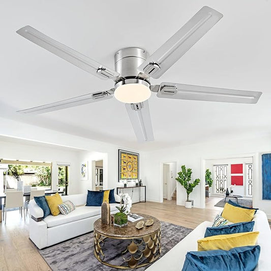 52inch Stainless Steel Ceiling Fan with Lights, 5 Blades, Remote Control, Low Profile Ceiling Fan, for Patio, Living Room, Bedroom, Office, Indoor, Outdoor