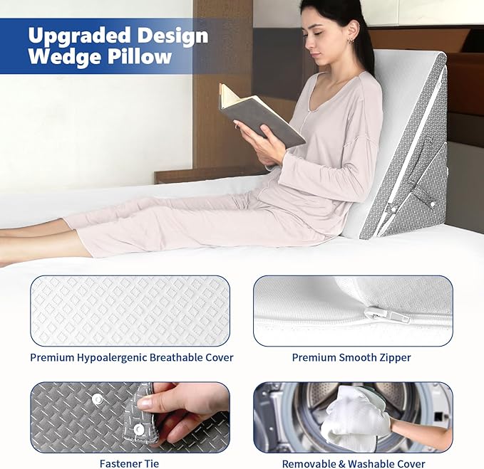 Bed Wedge Pillow for Sleeping, 7.5 & 9 & 11 & 12 Inch Adjustable Memory Foam Triangle Wedge Pillow Post Surgery for Back, Legs and Knee Support, Acid Reflux, Gerd, Heartburn and Snoring