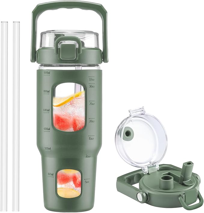 BLUEGO 32oz Glass Water Bottle with Handle and Straw|Leakproof Sports Glass Bottle with Time Marker and Silicone Sleeve|Glass Drinking Bottle for Travel, Gym, Workout, Olive